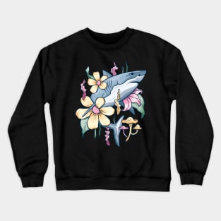 Shark Explores Underwater Floral Forest - Tattoo Style Design Crewneck Sweatshirt